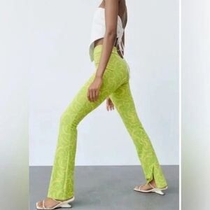 Zara Lime Green & Yellow Retro 70's Style Flared Jacquared Knit Pants NEW